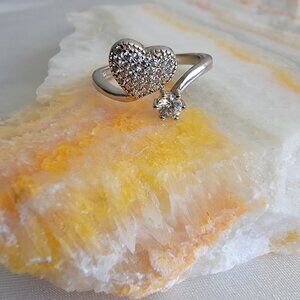 925 Sterling Silver Heart Bypass Ring - Sparkling Clear Stones